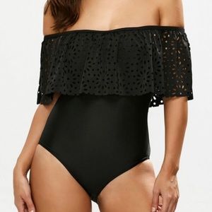 Laser Cut Off Shoulder Ruffle Swimsuit